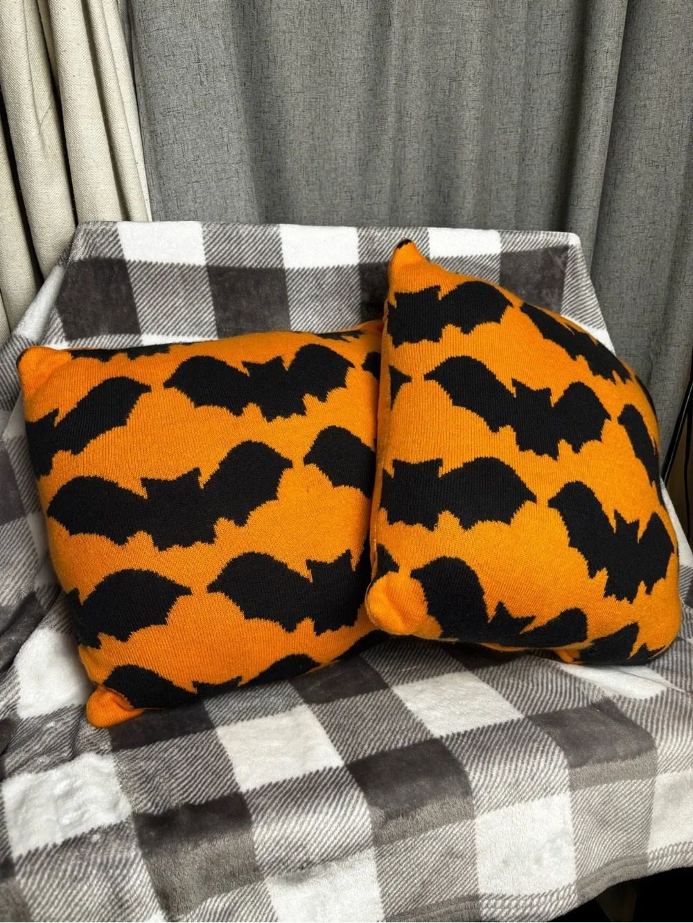 Halloween Bat Pattern Orange & Black Throw Pillow Set